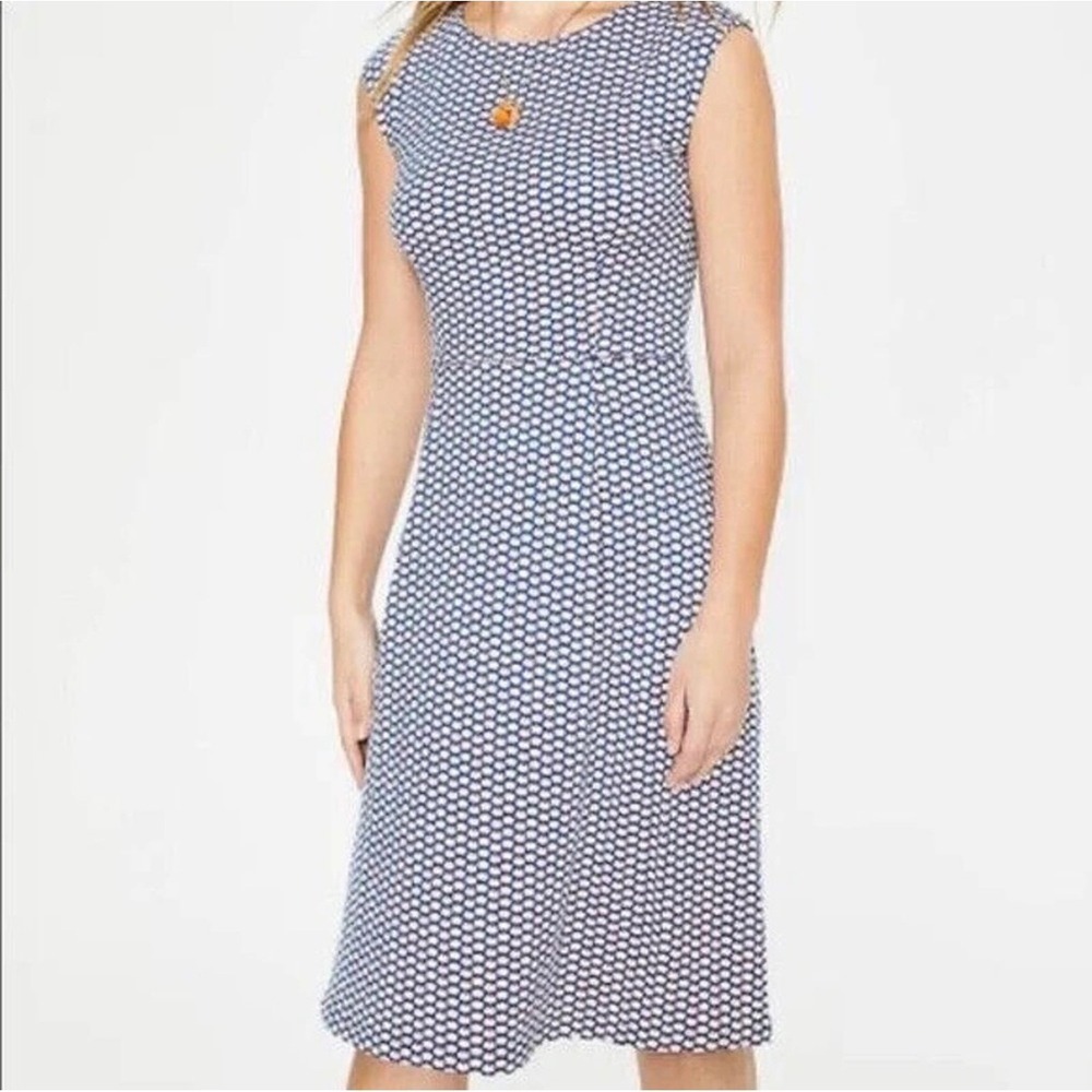 Boden Jersey Fit & Flare Dress Womens 6P Blue White Geometric Floral Sleeveless